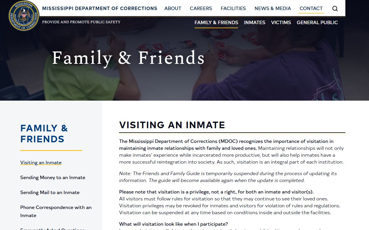 Holmes-Humphreys County Regional Correctional Facility visitation rules and MDOC caveat