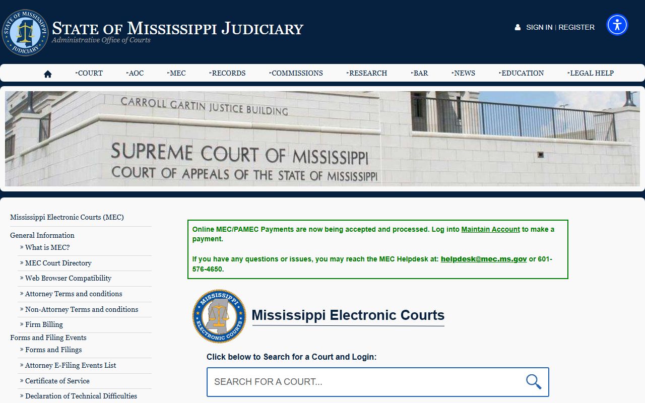 Humphreys County court records after arrest Mississippi Electronic Courts access page